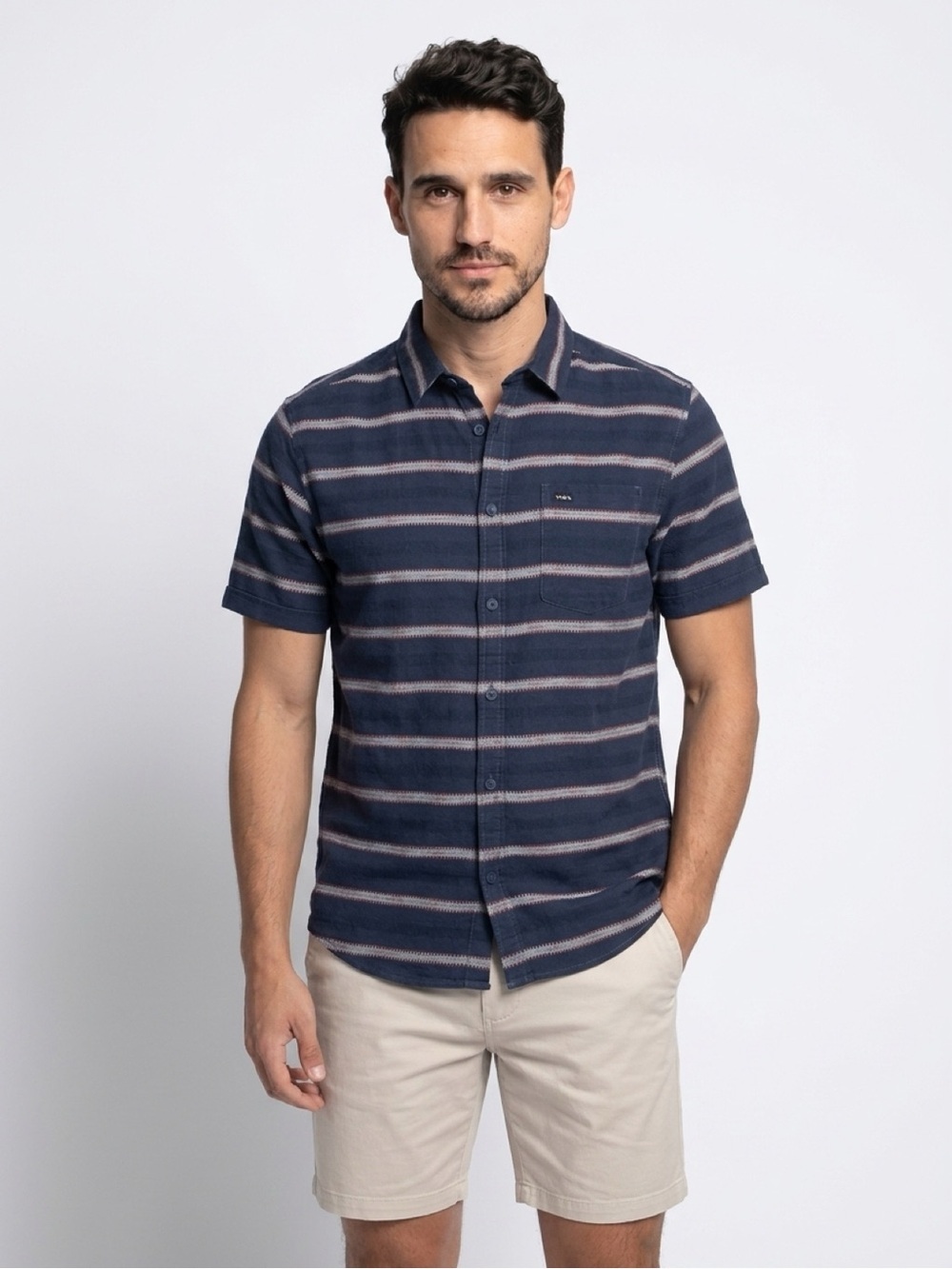 RVCA Button-Up Shirt Men's Size M Navy Blue Striped Short Sleeve Casual - Picture 2 of 12